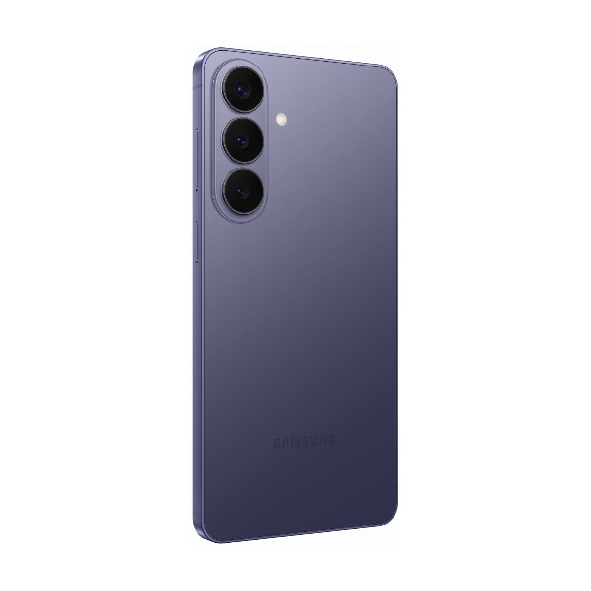 Back of a purple Samsung smartphone with three vertically aligned camera lenses and the Samsung logo.