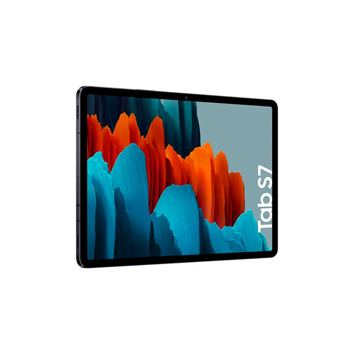 Samsung Galaxy Tab S7 in schwarzem Gehäuse mit buntem, abstraktem Hintergrund auf dem Bildschirm.