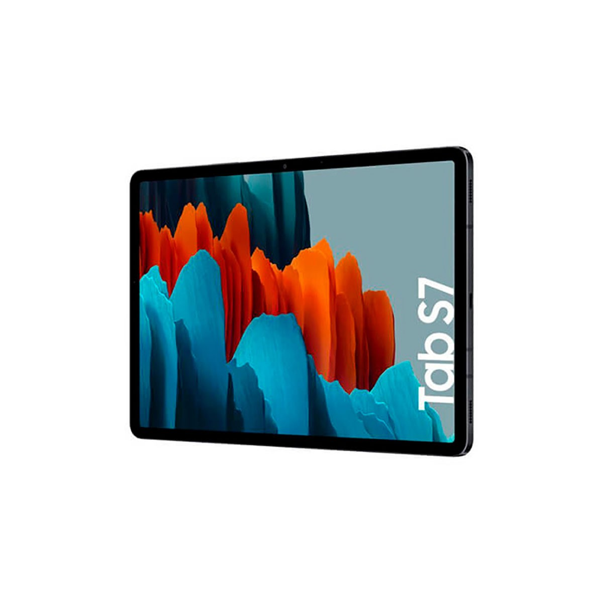 Ein schwarzes Samsung Galaxy Tab S7 zeigt ein buntes Abstrakt-Hintergrundbild mit den Worten Tab S7.