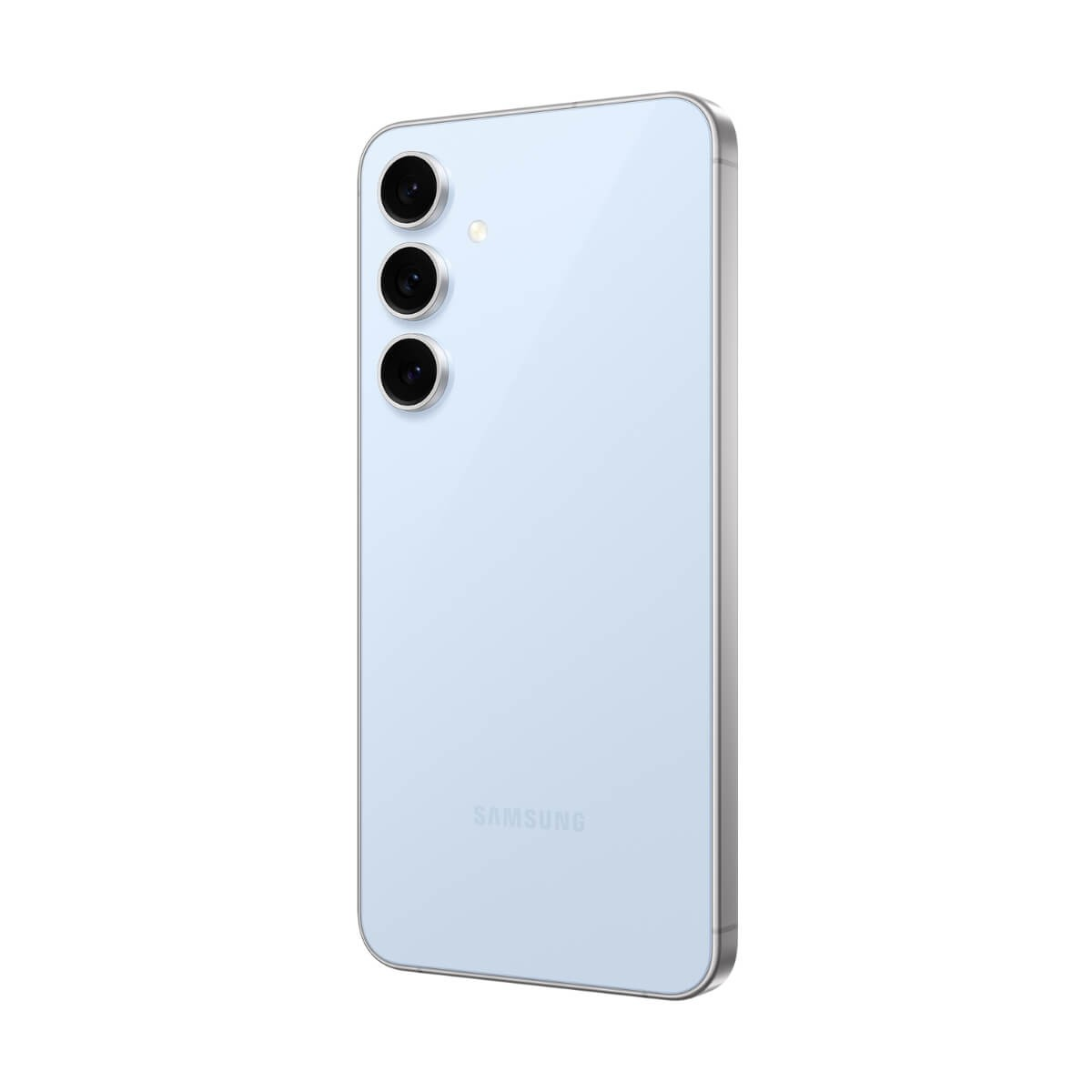 Parte trasera de un smartphone Samsung azul claro con tres lentes de cámara verticales y el logotipo de Samsung.