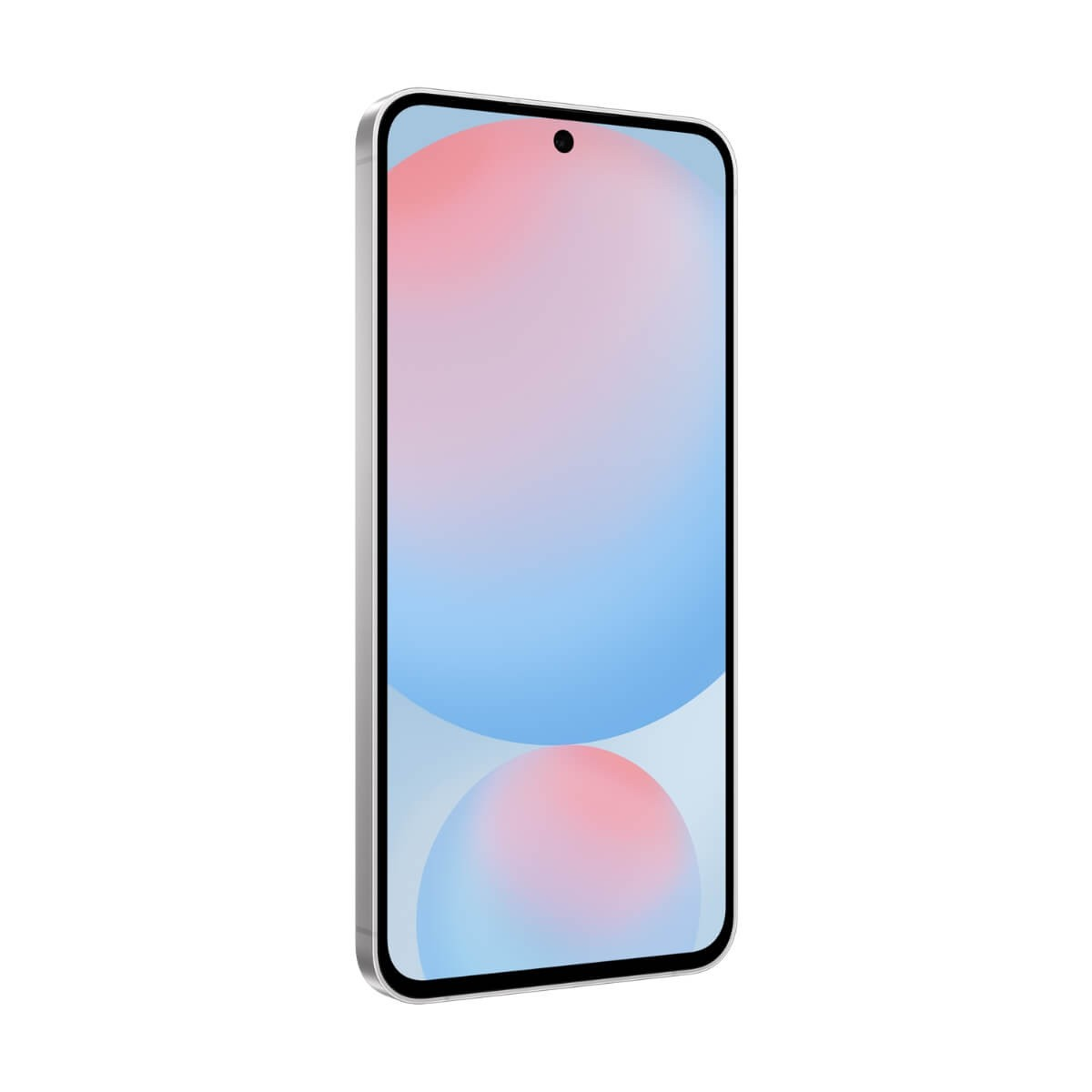 Un smartphone que muestra un fondo de pantalla abstracto y colorido con esferas rosas y azules.