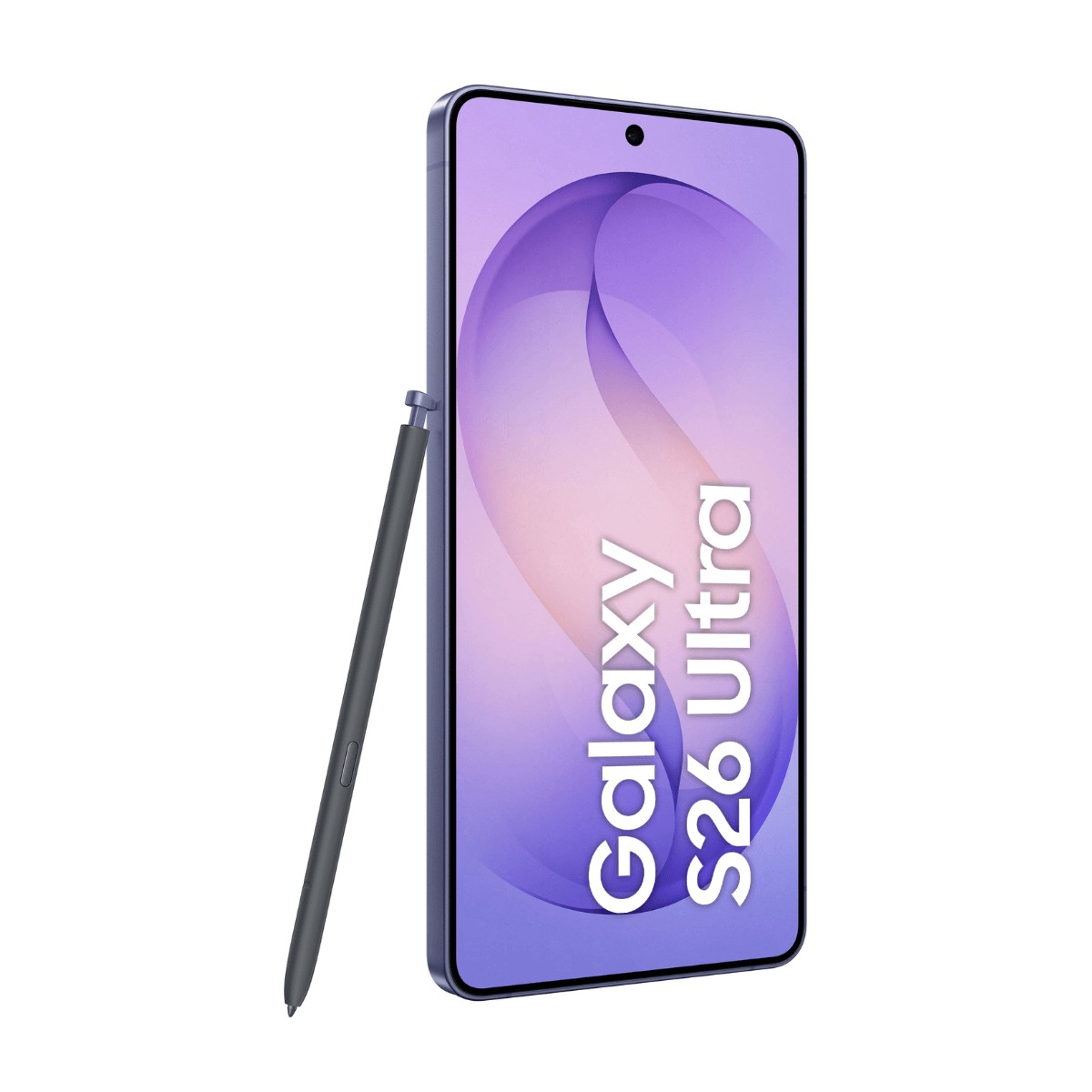 Galaxy S26 Ultra Smartphone mit Stift in Violett vor weißem Hintergrund.