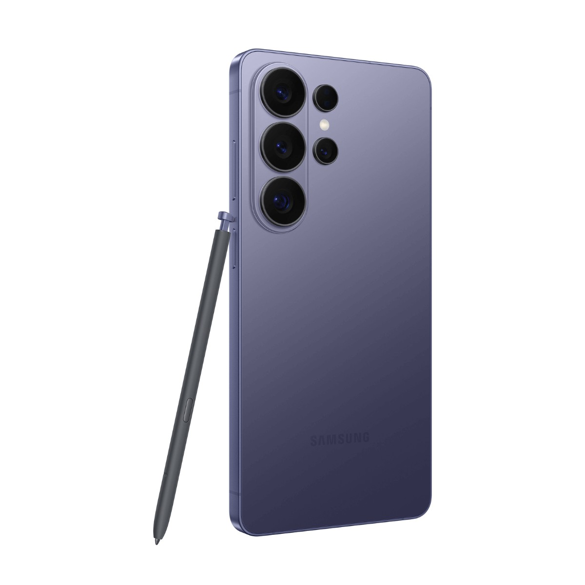 Violettes Smartphone von hinten mit vier Kameralinsen und einem abgetrennten, grauen Stift.