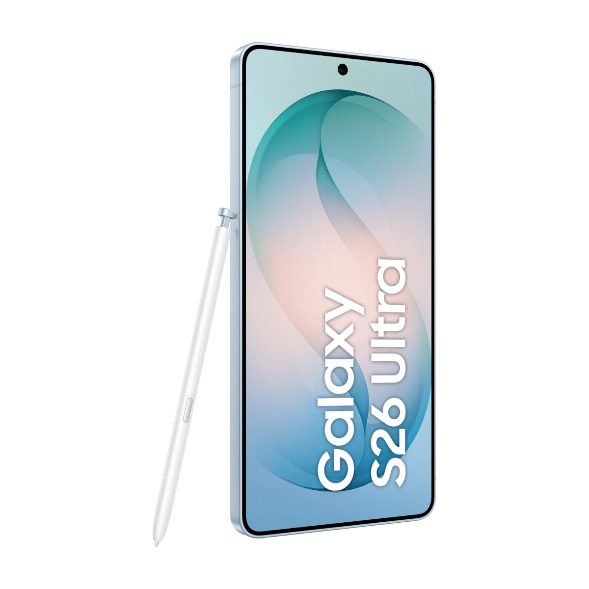 Ein weißes Galaxy S26 Ultra Smartphone mit Stift auf hellem Hintergrund.