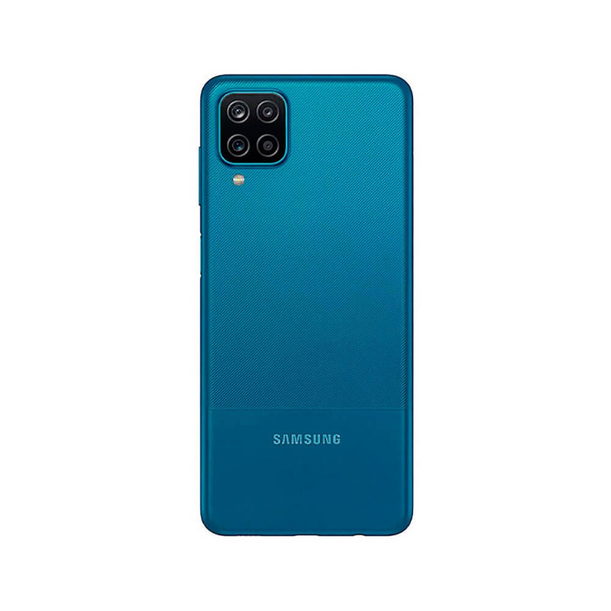 Blaues Samsung-Smartphone von hinten mit Vierkamera und weißem Samsung-Logo unten.