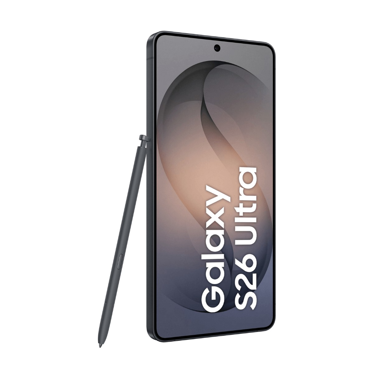 Ein schwarzes Galaxy S26 Ultra Smartphone mit einem Stift steht vor einem hellen Hintergrund.