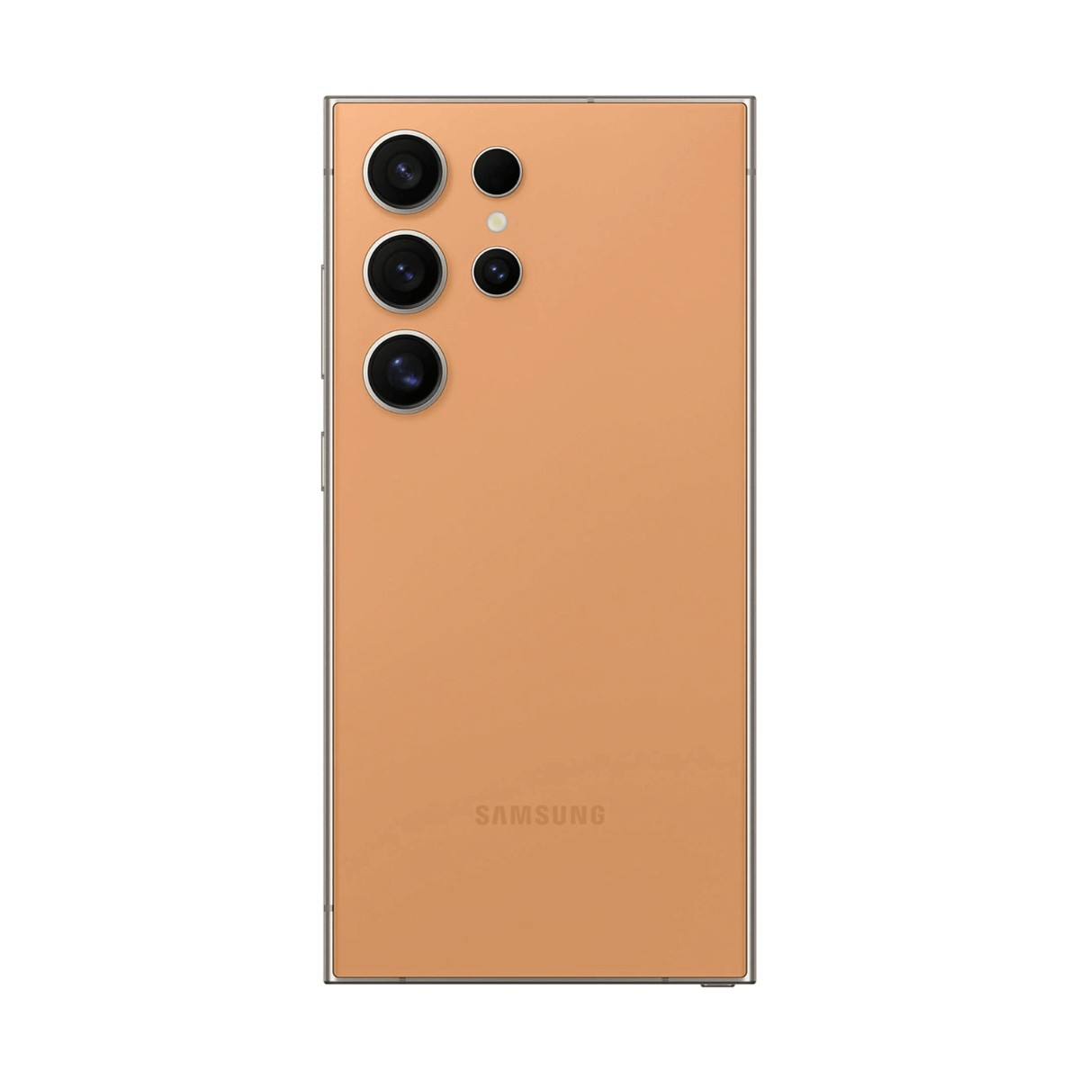 Retro di uno smartphone Samsung arancione con fotocamere e logo.