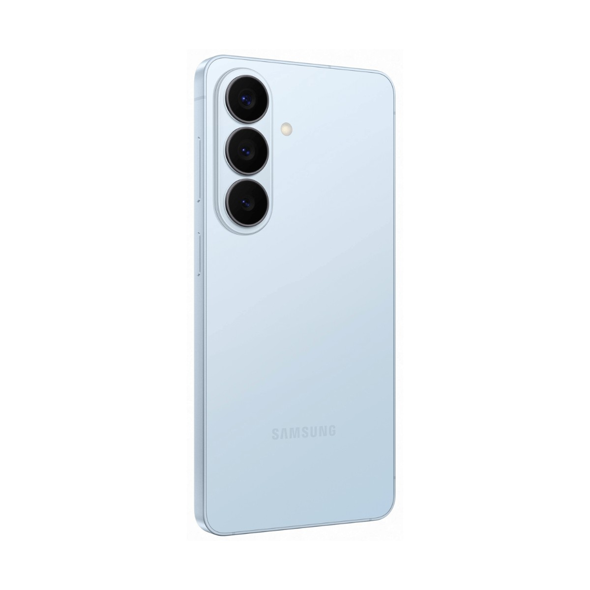 Vista posteriore di uno smartphone Samsung azzurro con tre fotocamere verticali e il logo.