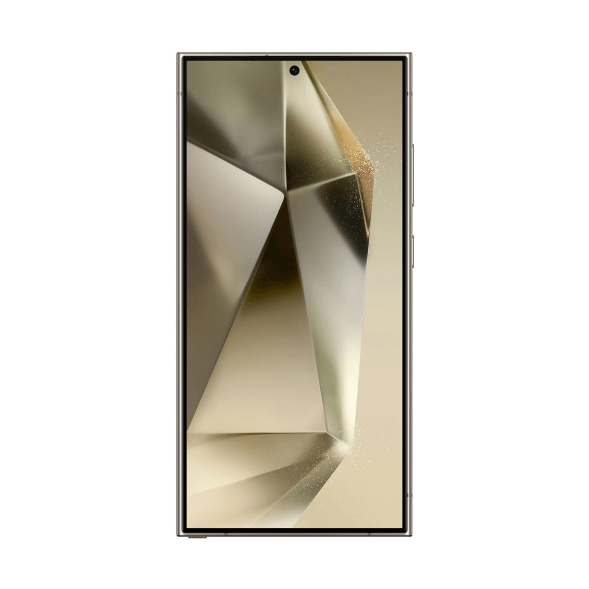 Uno smartphone dorato con uno sfondo geometrico e astratto e una singola fotocamera frontale.