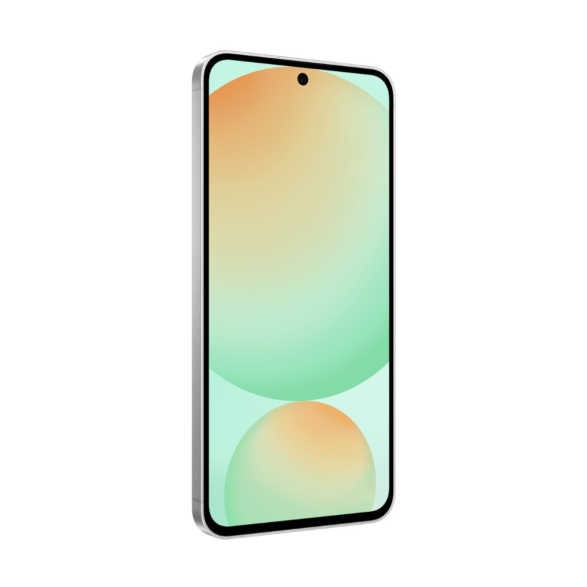 Un smartphone au cadre argenté affiche un fond d'écran pastel abstrait avec des cercles verts et orange.