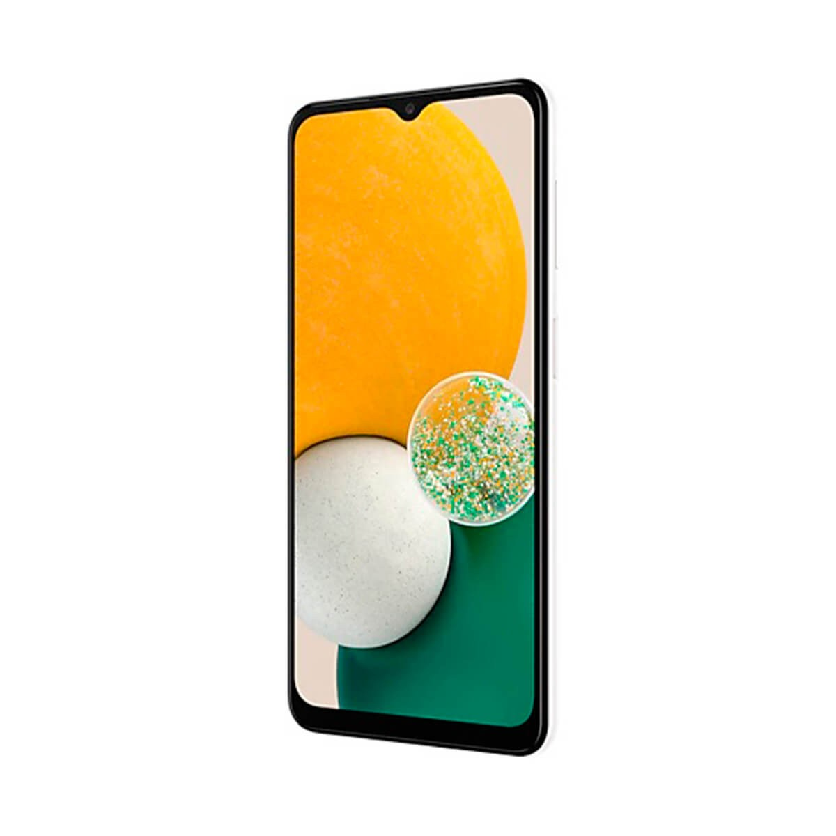 Un teléfono inteligente inclinado muestra un fondo de pantalla abstracto con formas naranjas, verdes y blancas.