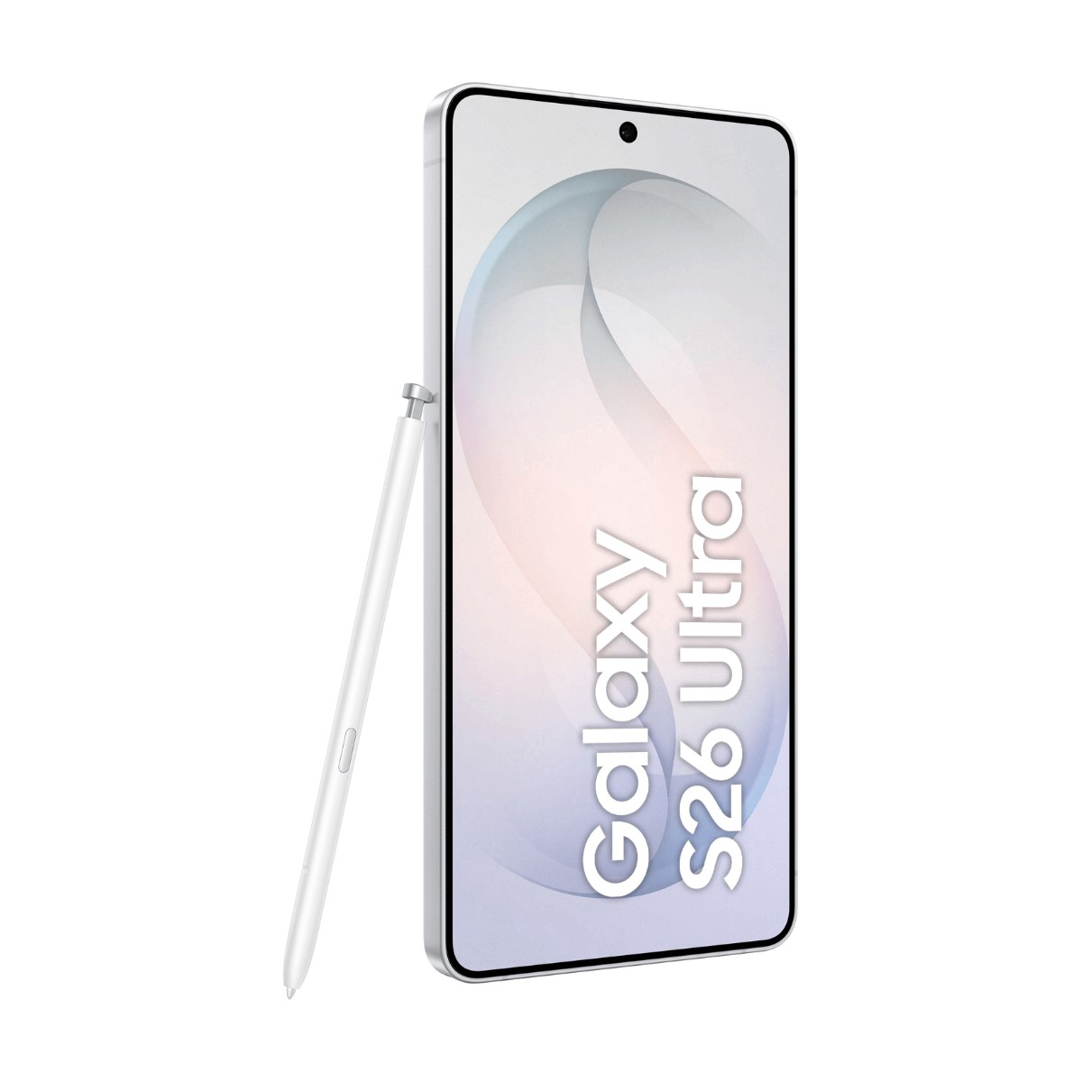 Weißes Smartphone mit dem Text 'Galaxy S26 Ultra' auf dem Bildschirm und einem passenden weißen Eingabestift.