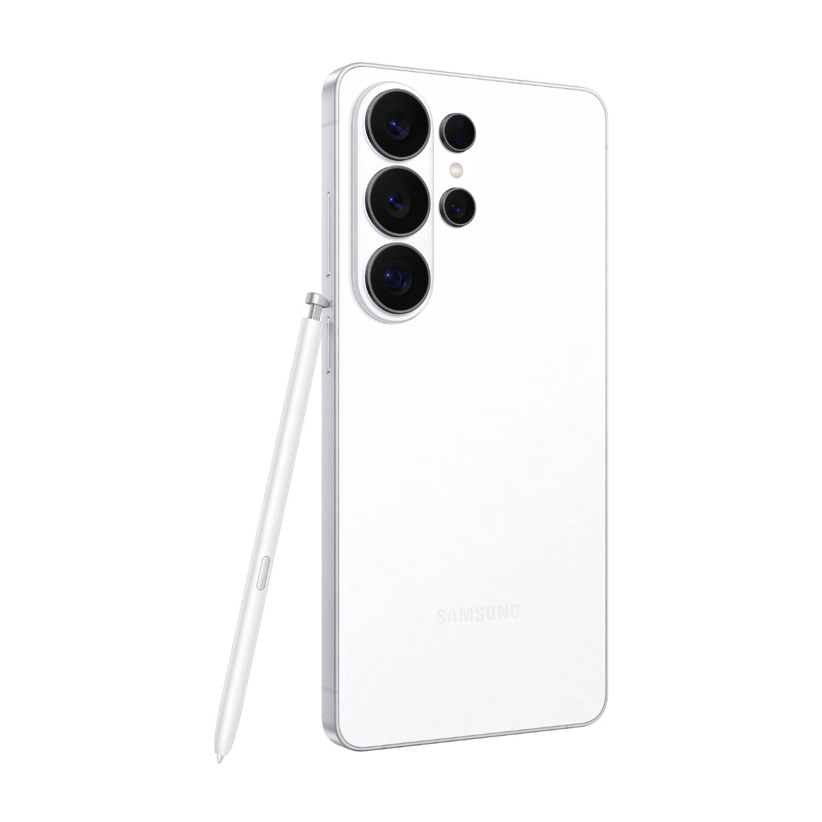 Rückansicht eines weißen Smartphones mit mehreren Kameras und einem daneben stehenden Stift.