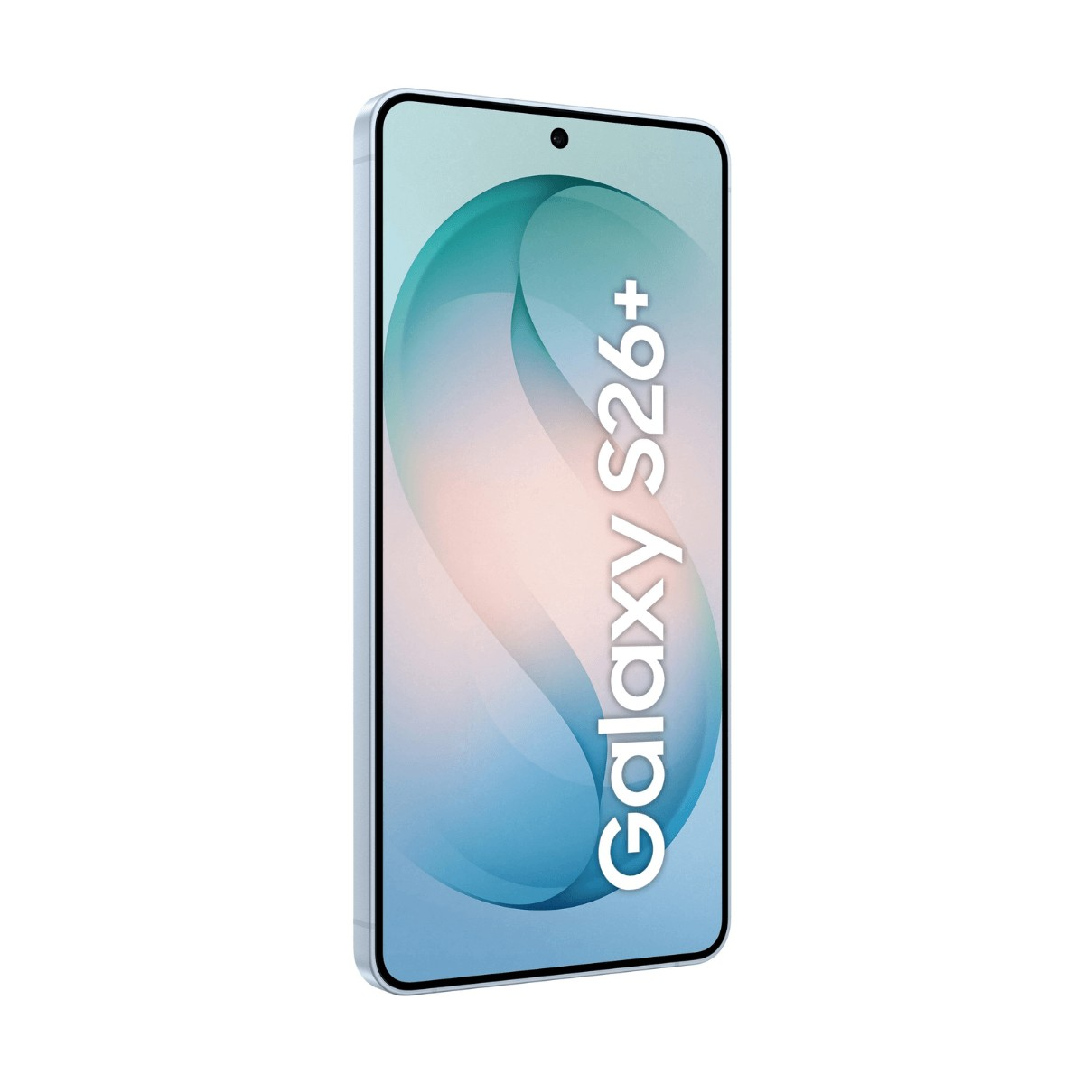 Ein hellblaues Smartphone mit cyanfarbenem, welligem Hintergrundbild und dem Text Galaxy S26+.