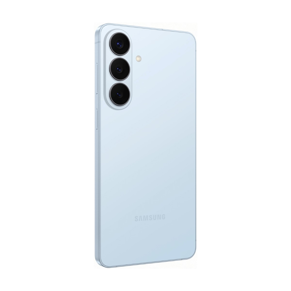 Hellblaues Samsung-Smartphone von hinten mit drei vertikalen Kameras und Blitz auf weißem Grund.