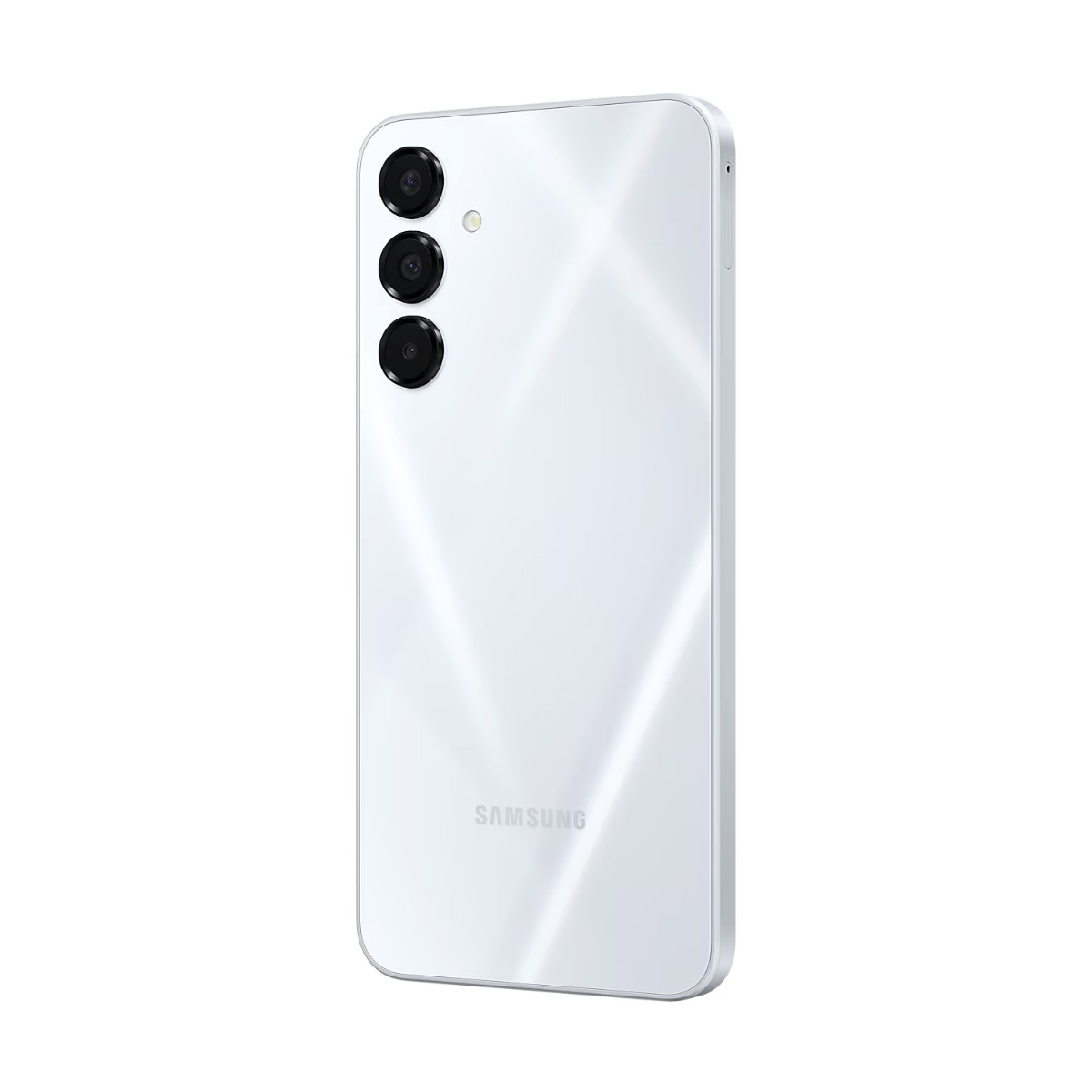 Dos d'un smartphone Samsung blanc avec trois caméras verticales et un flash.