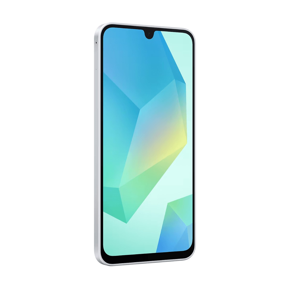 Un smartphone blanc avec un fond d'écran géométrique bleu, vert et jaune, légèrement incliné vers la gauche.