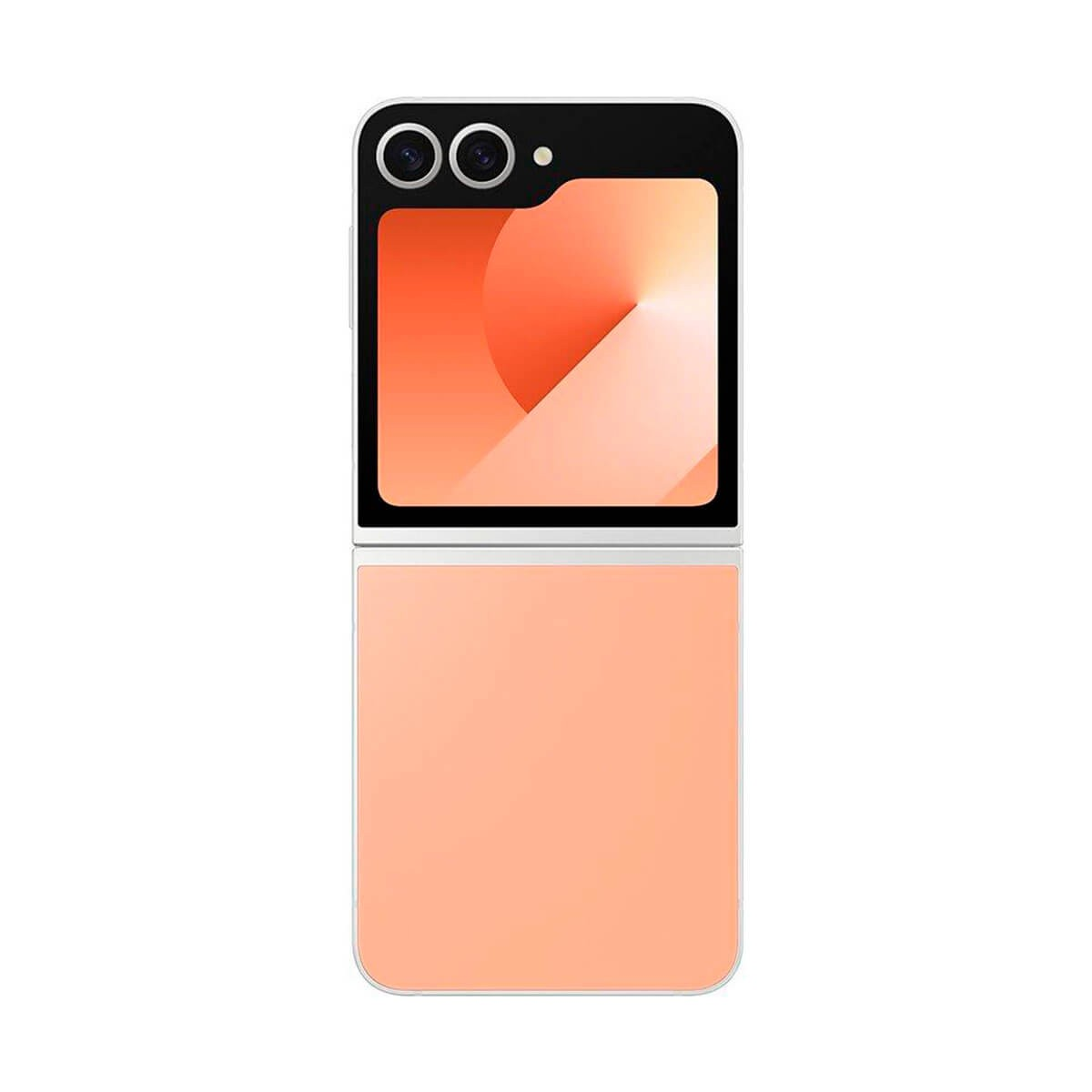 Un smartphone plegable rosa se muestra cerrado, con doble cámara y una pantalla secundaria con un diseño abstracto.
