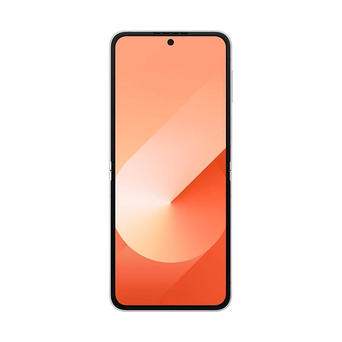 Un teléfono inteligente con marco blanco muestra un fondo de pantalla abstracto en degradado naranja y rosa.