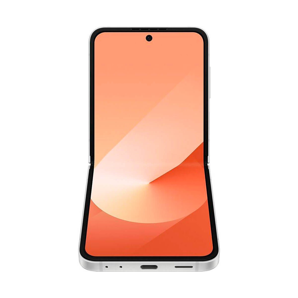 Un smartphone plegable en color plateado, desplegado con un fondo de pantalla abstracta naranja.