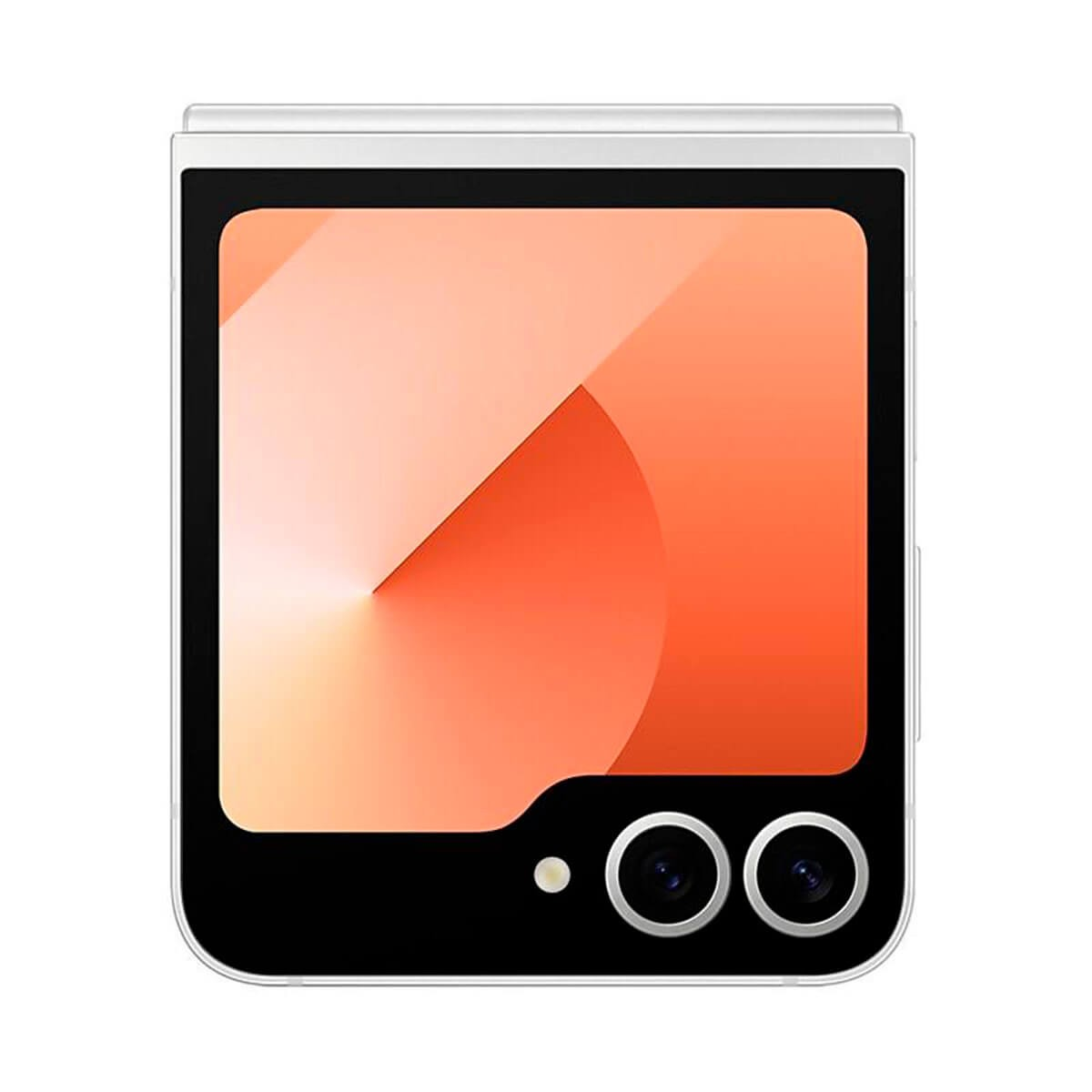 Parte trasera de un teléfono plegable blanco con pantalla grande y dos cámaras abajo.