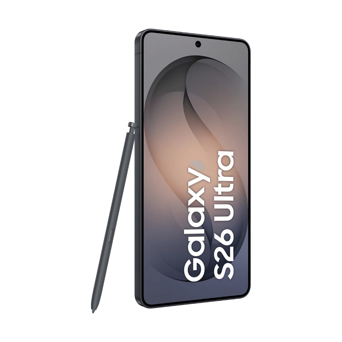 Uno smartphone nero con pennino e la scritta Galaxy S26 Ultra sullo schermo, su sfondo bianco.