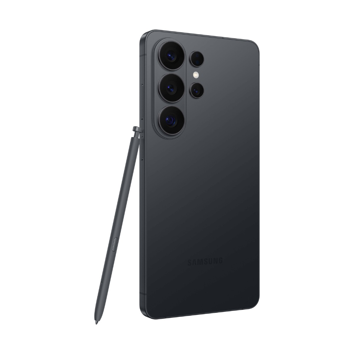 Smartphone Samsung grigio scuro visto da dietro con S Pen inclusa.