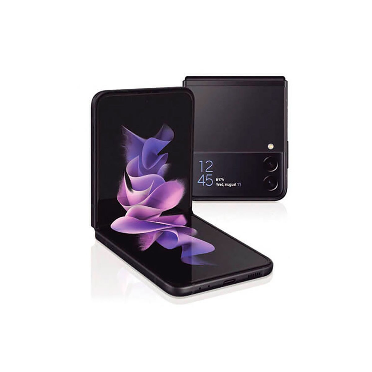Ein schwarzes faltbares Smartphone mit einem hellvioletten abstrakten Display-Hintergrund und geschlossenem Zustand hinten.