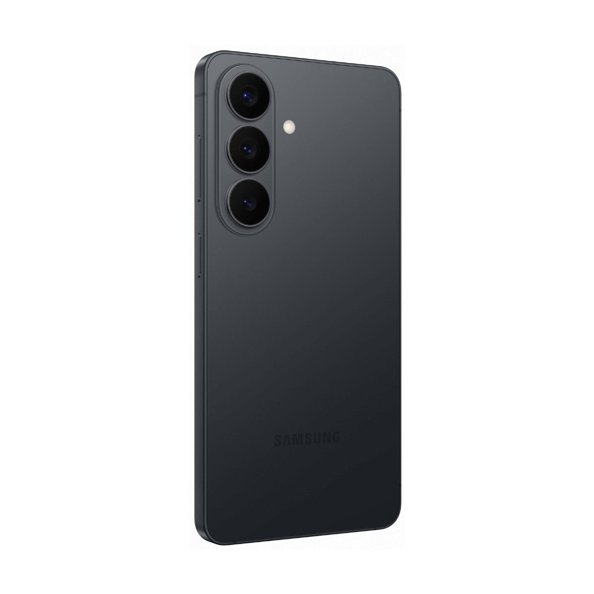 Rückseite eines grauen Samsung-Smartphones mit vertikaler Dreifachkamera und LED-Blitz auf weißem Hintergrund.