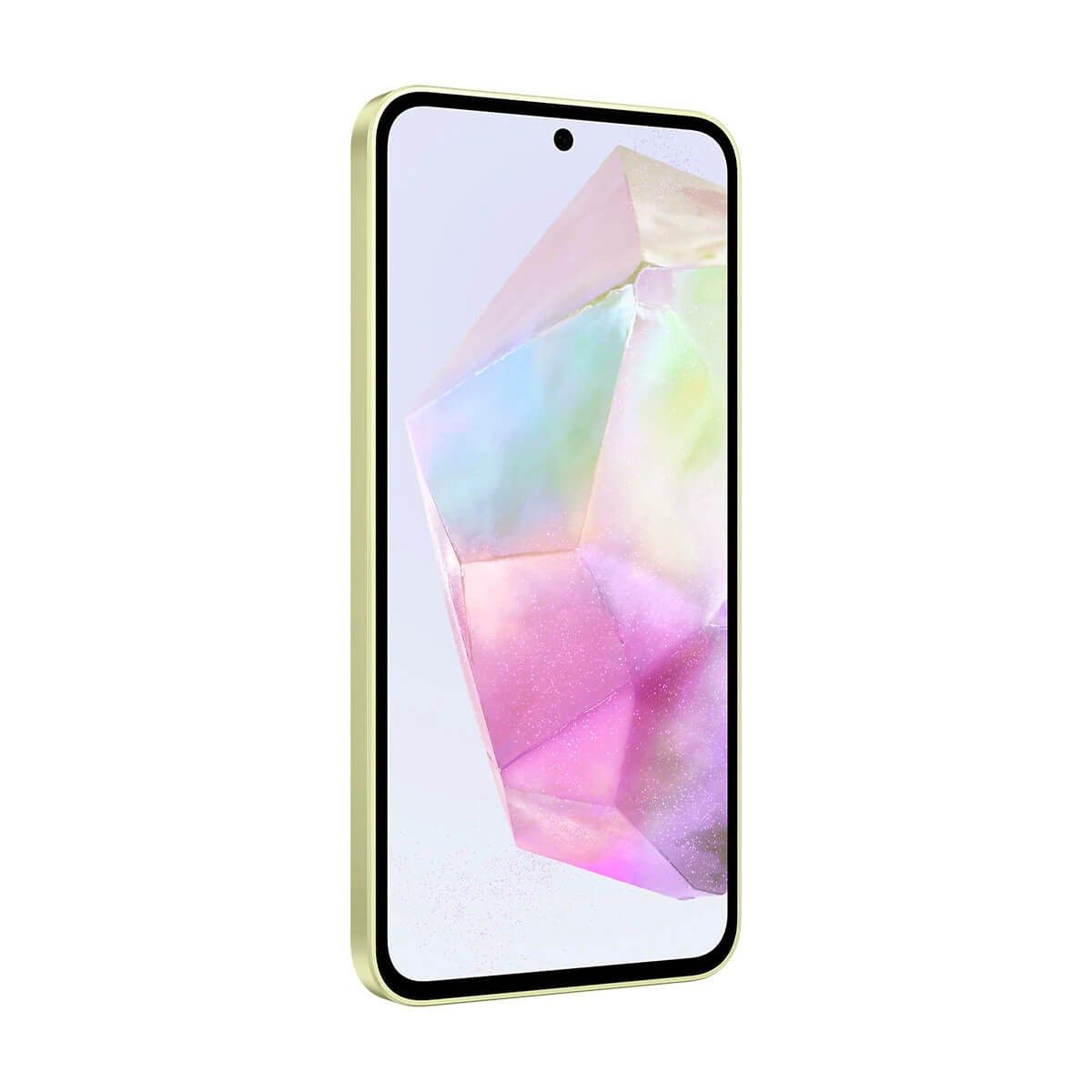 Uno smartphone giallo con una grafica astratta in cristallo colorato sullo schermo su sfondo bianco.