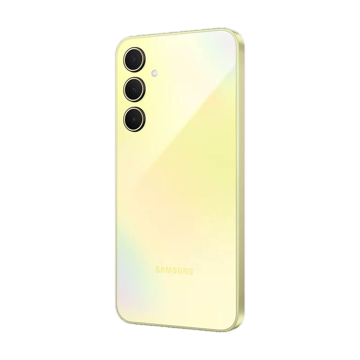 Retro di uno smartphone Samsung giallo chiaro con tre obiettivi verticali e un logo.
