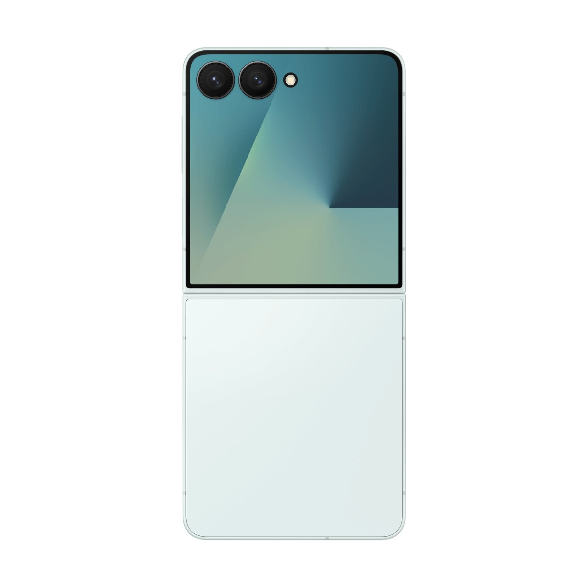 Rückseite eines hellgrünen klappbaren Smartphones mit zwei Kameras und großem Display.