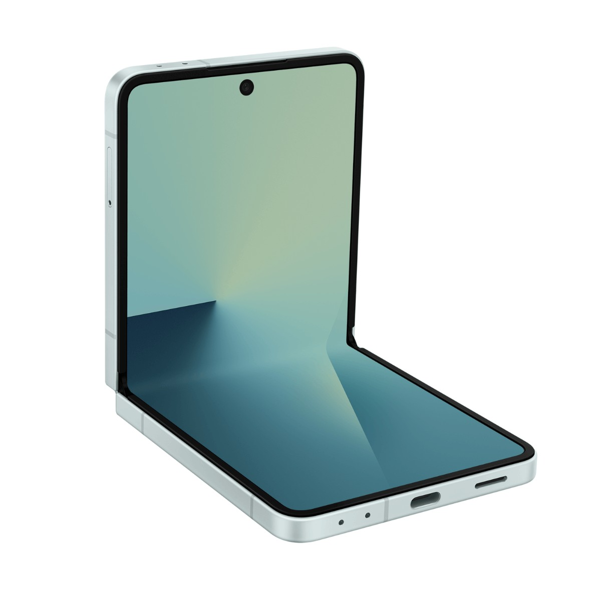 Ein silbernes Falt-Smartphone ist leicht angewinkelt geöffnet und zeigt einen blau-grünen Farbverlauf auf weißem Grund.