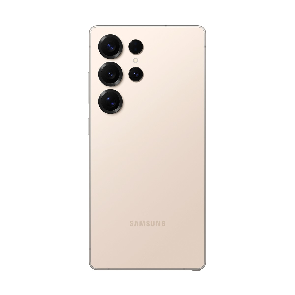 Retro di uno smartphone Samsung beige con cinque obiettivi fotografici verticali e logo Samsung.