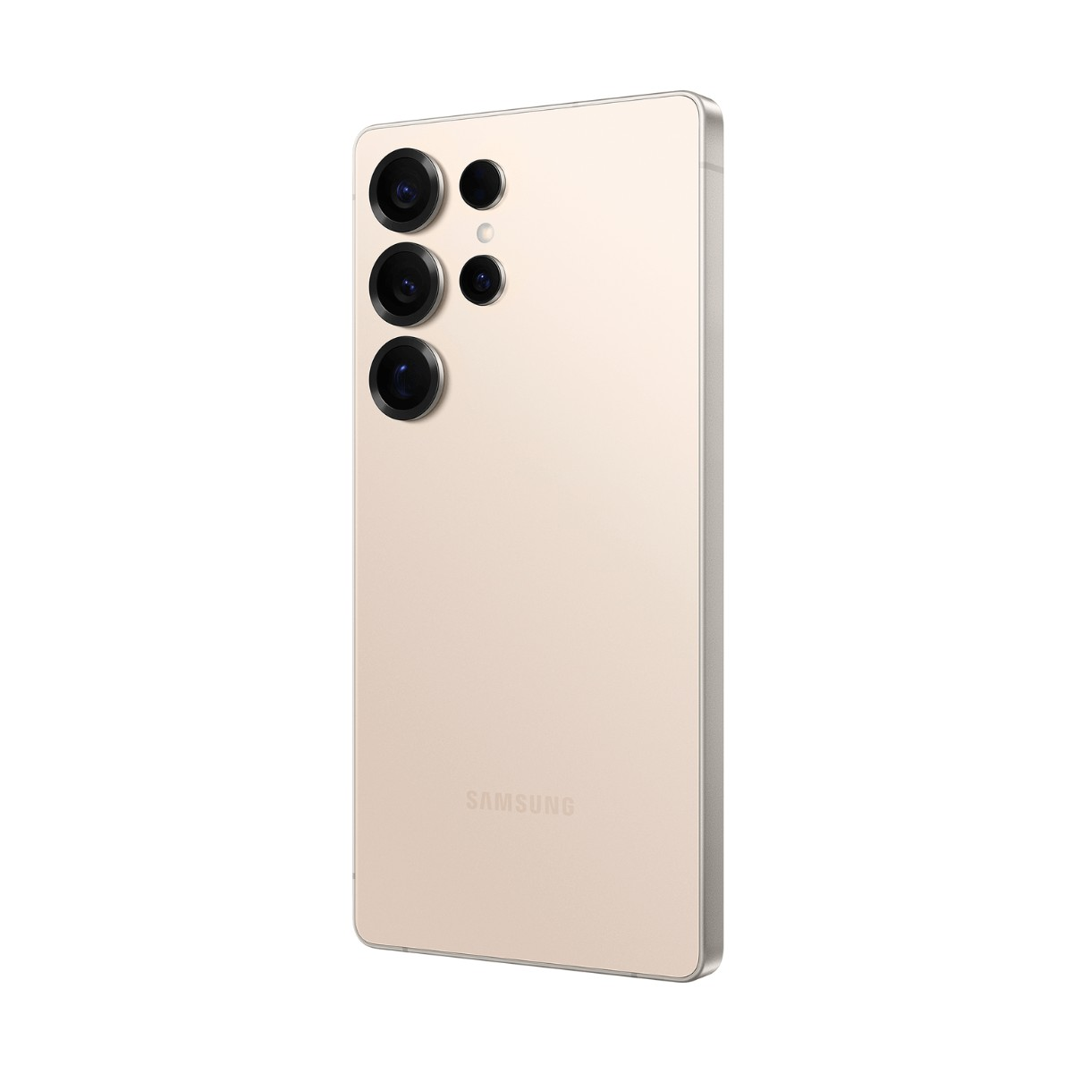 Retro di uno smartphone Samsung beige, con una fila verticale di obiettivi fotografici e il logo Samsung.