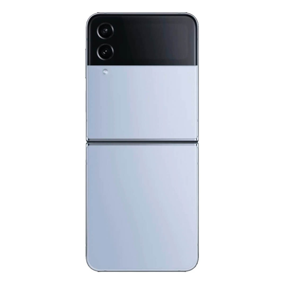 Ein hellblaues, faltbares Smartphone von hinten, mit zwei Kameras und einem schwarzen Display.