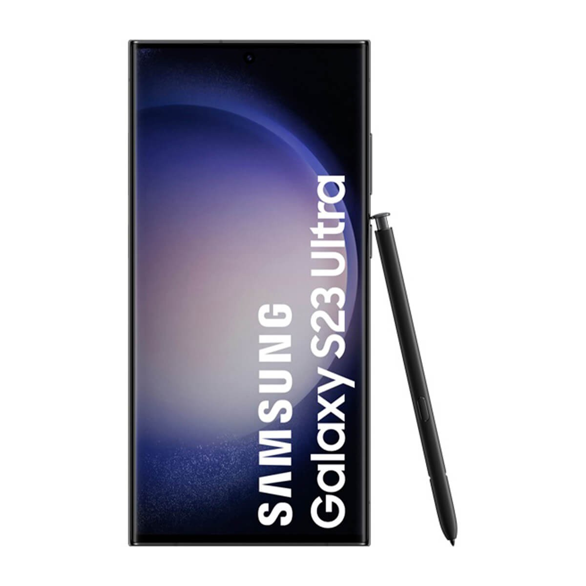 Uno smartphone nero Samsung Galaxy S23 Ultra con S Pen su sfondo bianco.