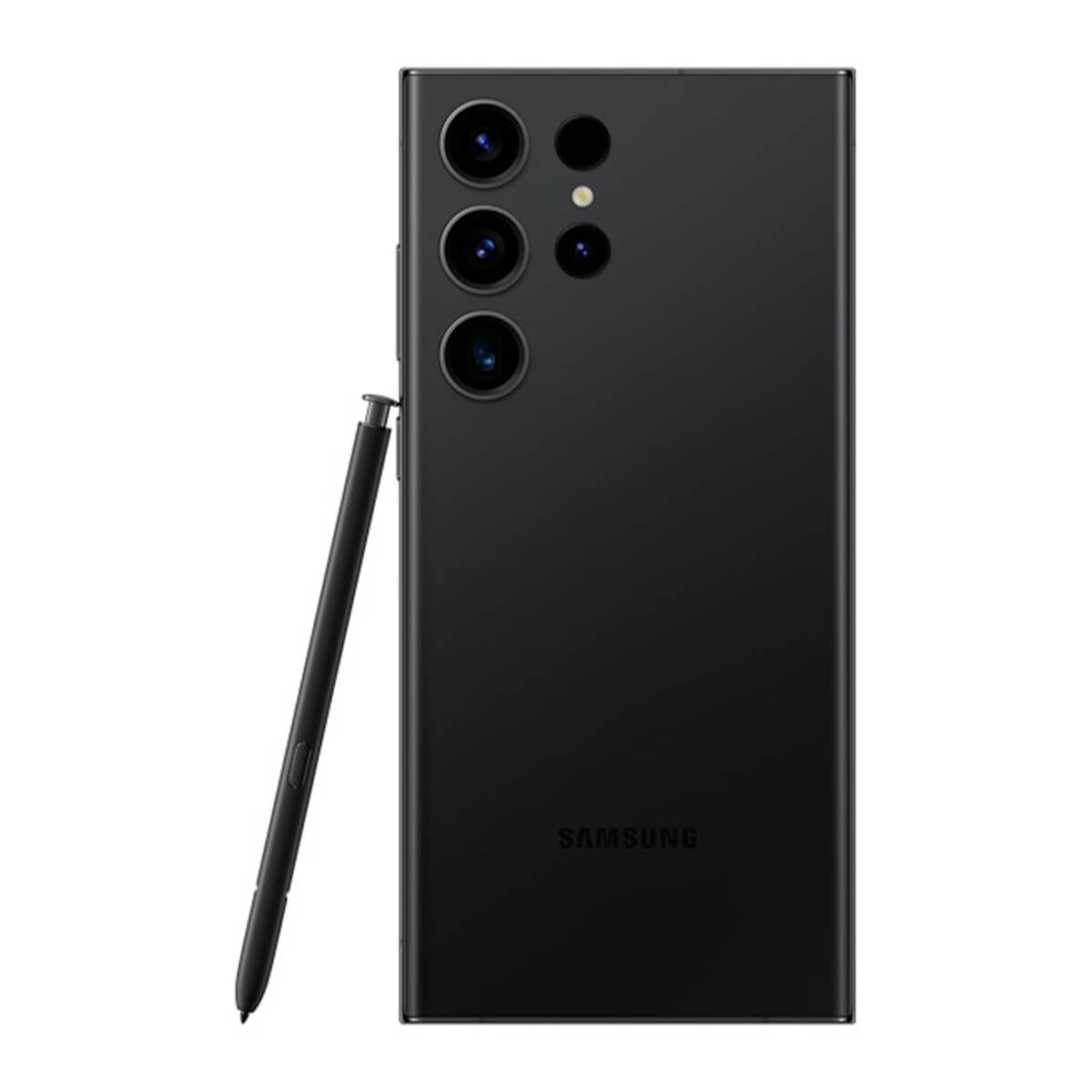 Smartphone nero Samsung con pennino su sfondo bianco.