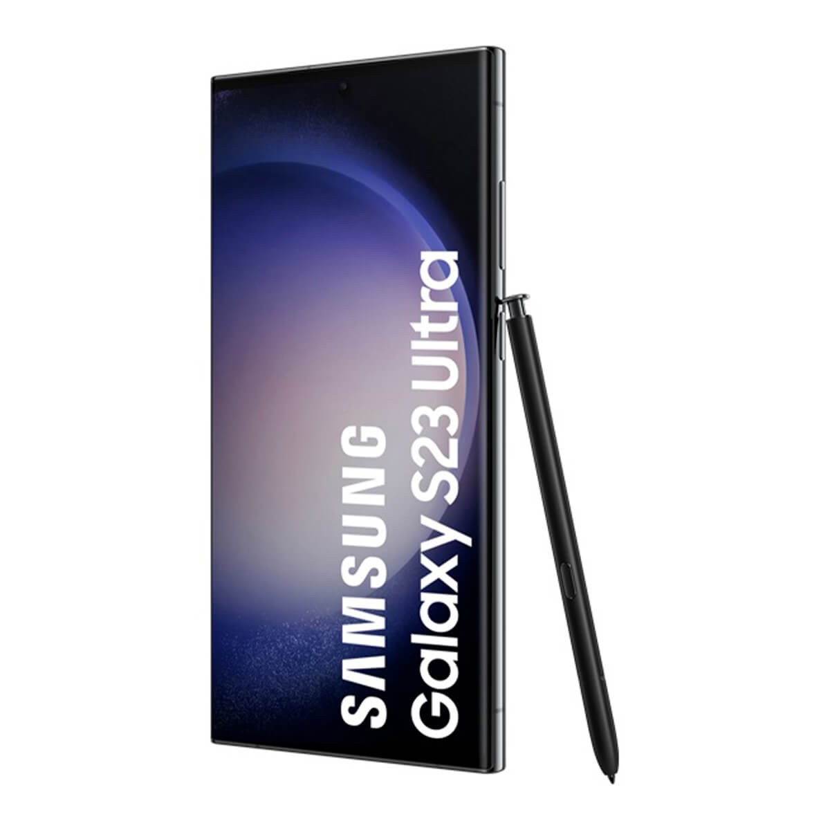 Uno smartphone nero Samsung Galaxy S23 Ultra con S Pen su sfondo bianco.