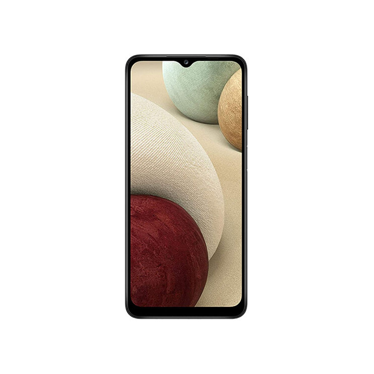 Ein schwarzes Smartphone zeigt ein abstraktes Hintergrundbild mit bunten geschwungenen Formen und Kugeln.