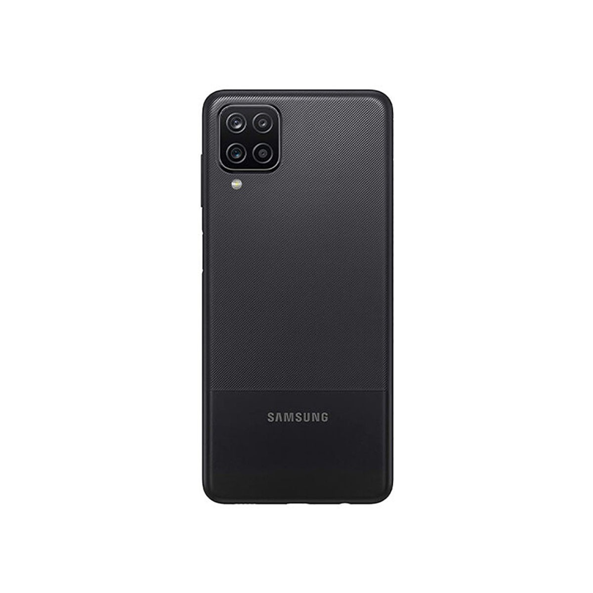 Rückseite eines schwarzen Samsung-Smartphones mit Vierfachkamera und strukturiertem Muster.