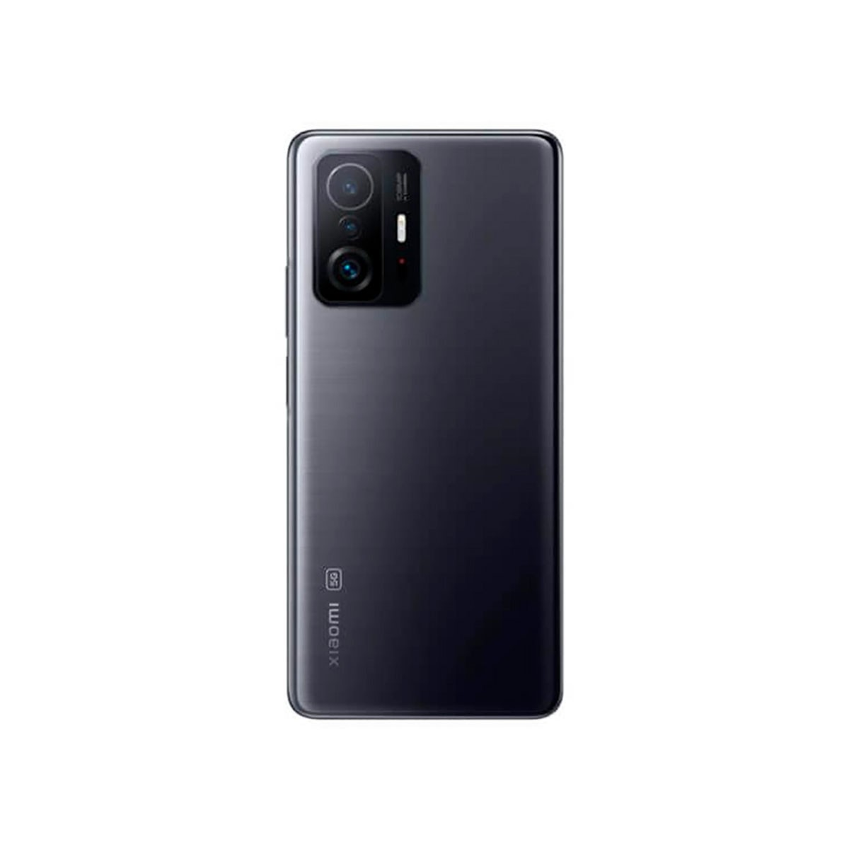 Retro di uno smartphone grigio Xiaomi con modulo a tripla fotocamera e logo a sinistra su sfondo bianco.