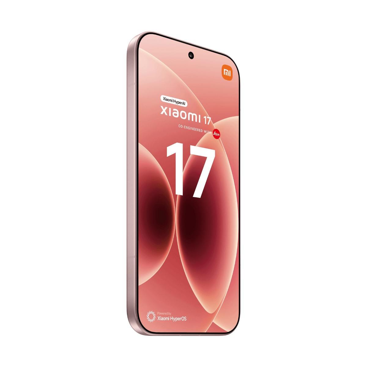 Uno smartphone Xiaomi 17 rosa mostrato di profilo con uno schermo che mostra il logo del marchio e il numero 17.