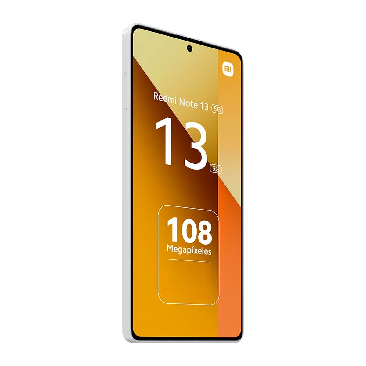 Ein weißes Redmi Note 13 5G Smartphone zeigt einen Werbebildschirm mit Text 13 und 108 Megapíxeles auf orangefarbenem Grund.