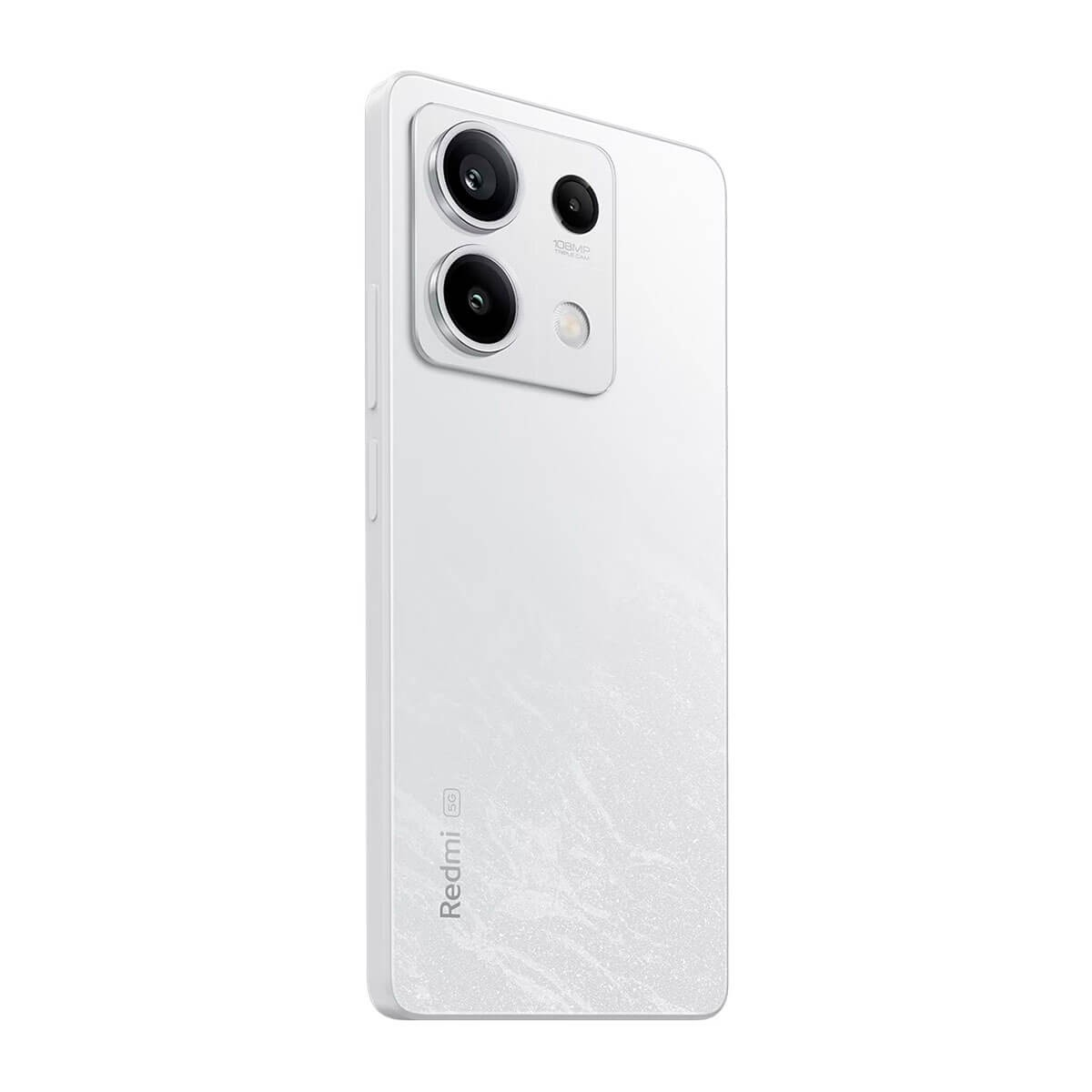 Rückseite eines weißen Redmi 5G Smartphones mit Dreifach-Kameramodul und marmorartigem Farbverlauf auf weißem Grund.