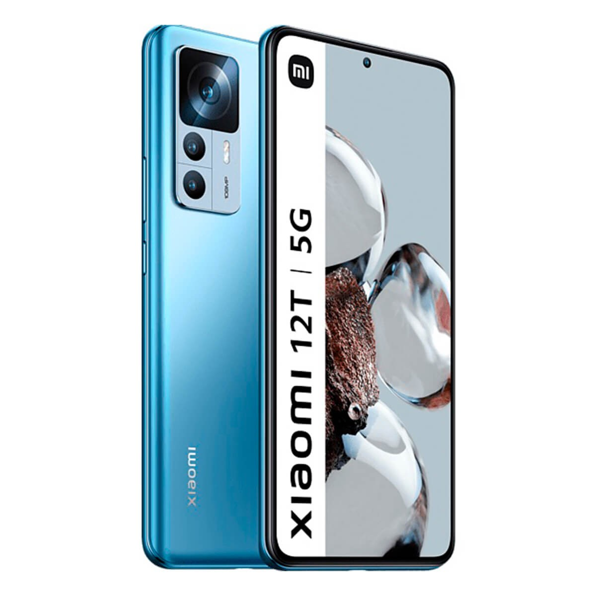 Due viste di uno smartphone Xiaomi 12T 5G blu che mostrano la fotocamera e lo schermo.