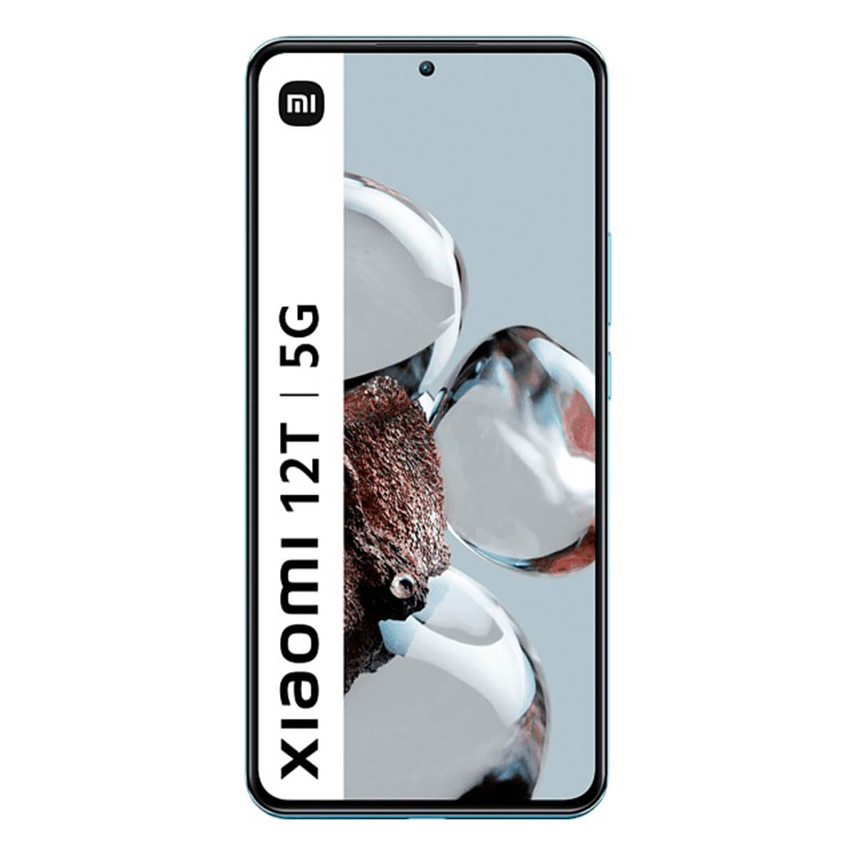 Uno smartphone Xiaomi 12T 5G con testo promozionale sullo schermo su sfondo bianco.