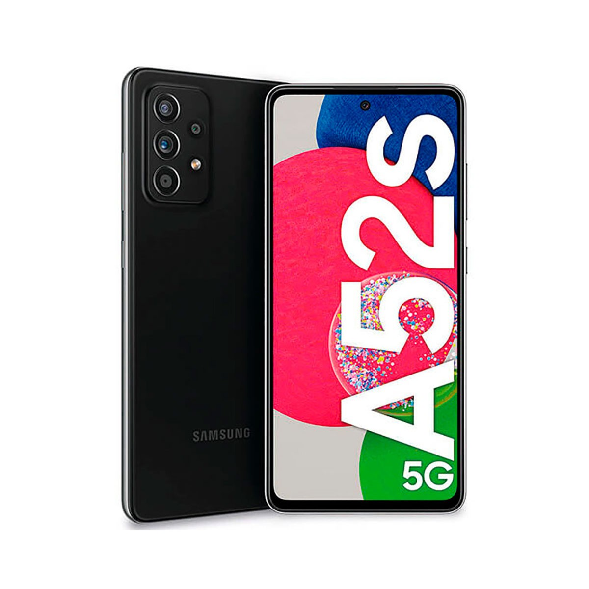 Front- und Rückansicht eines schwarzen Samsung Galaxy A52s 5G Smartphones mit einem bunten Bildschirm.