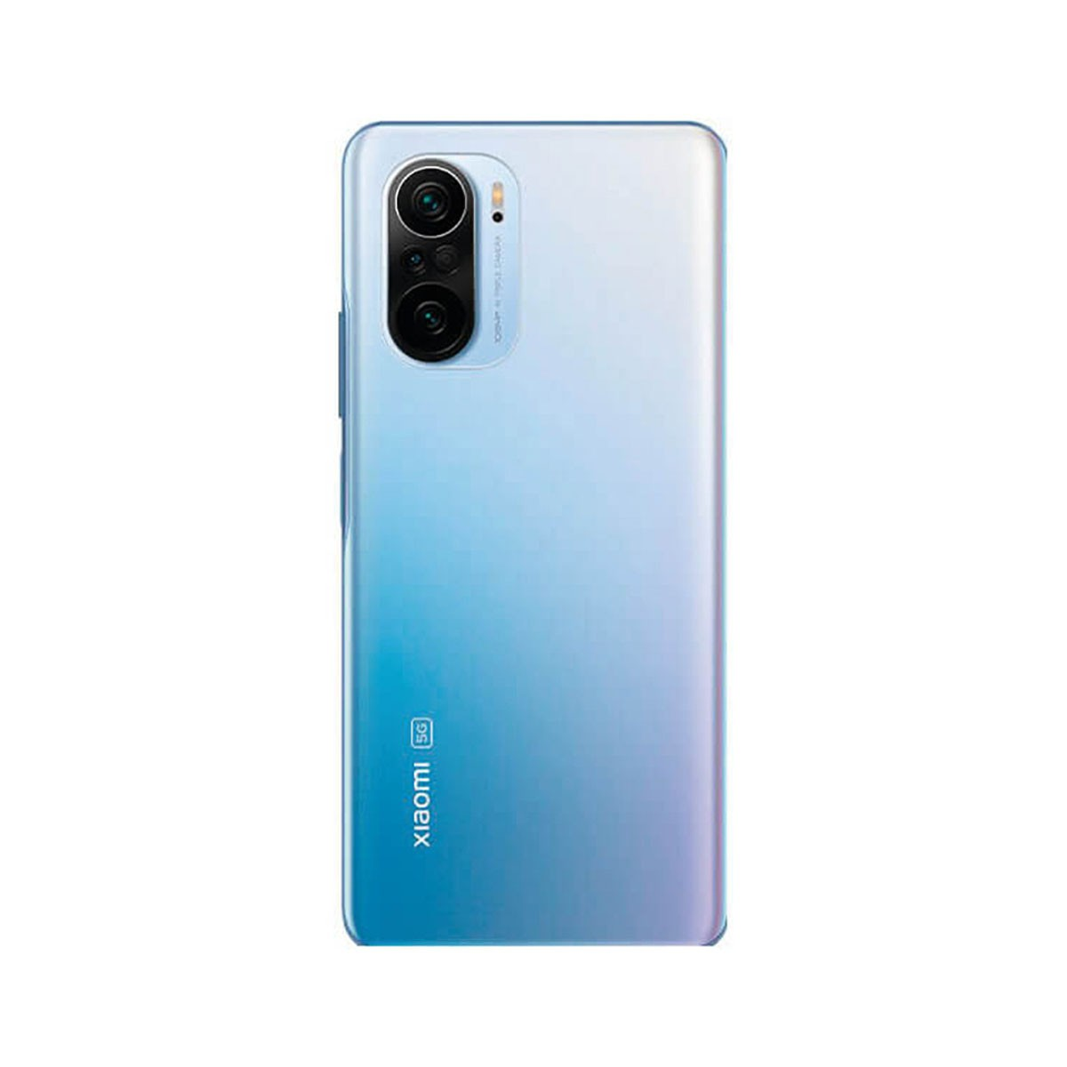 Rückseite eines blau-weiß verlaufenden Xiaomi 5G Smartphones mit vertikaler Triple-Kamera und Logo.