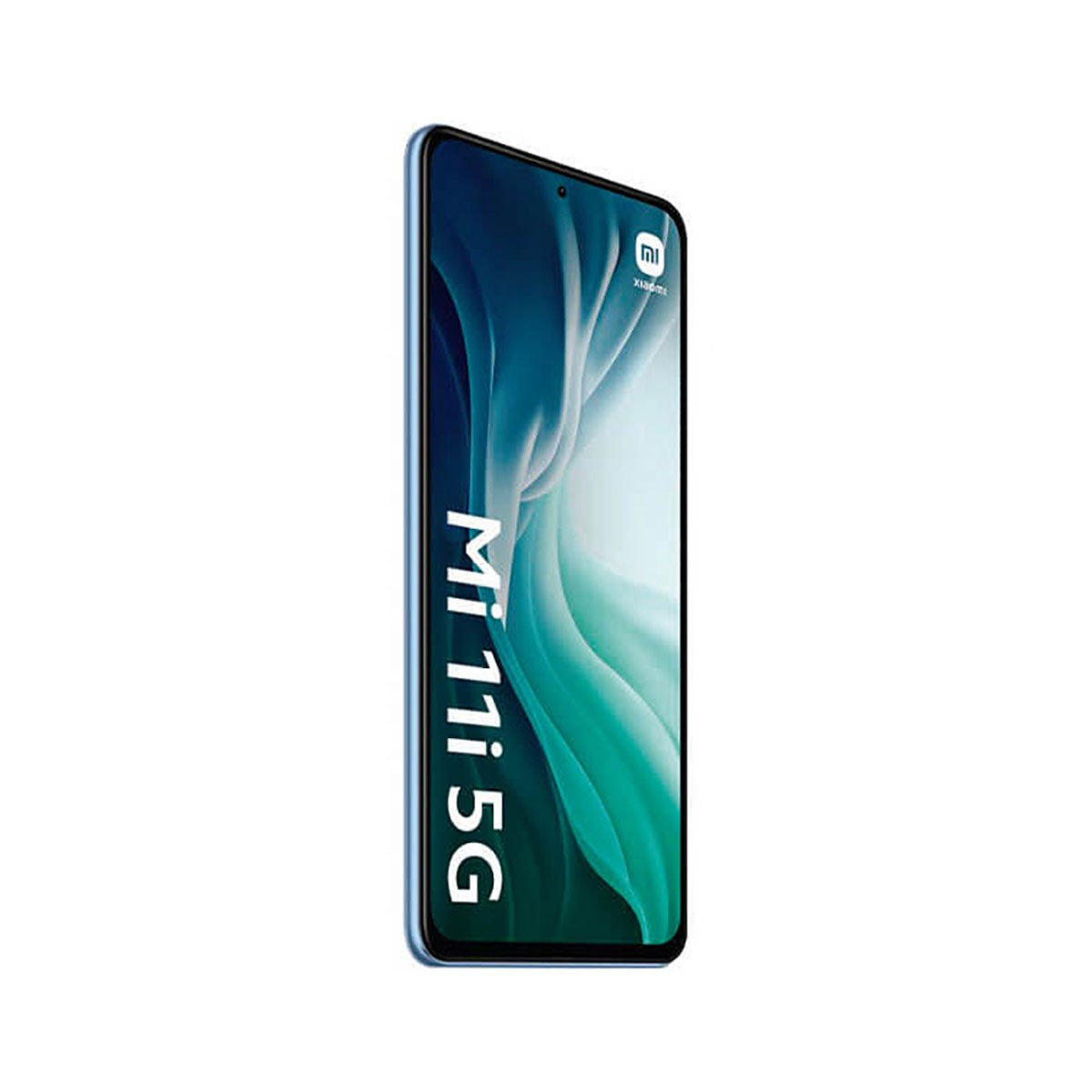 Ein hellblaues Xiaomi Mi 11i 5G Smartphone steht vertikal mit einem lebendigen, türkisfarbenen abstrakten Hintergrundbild.